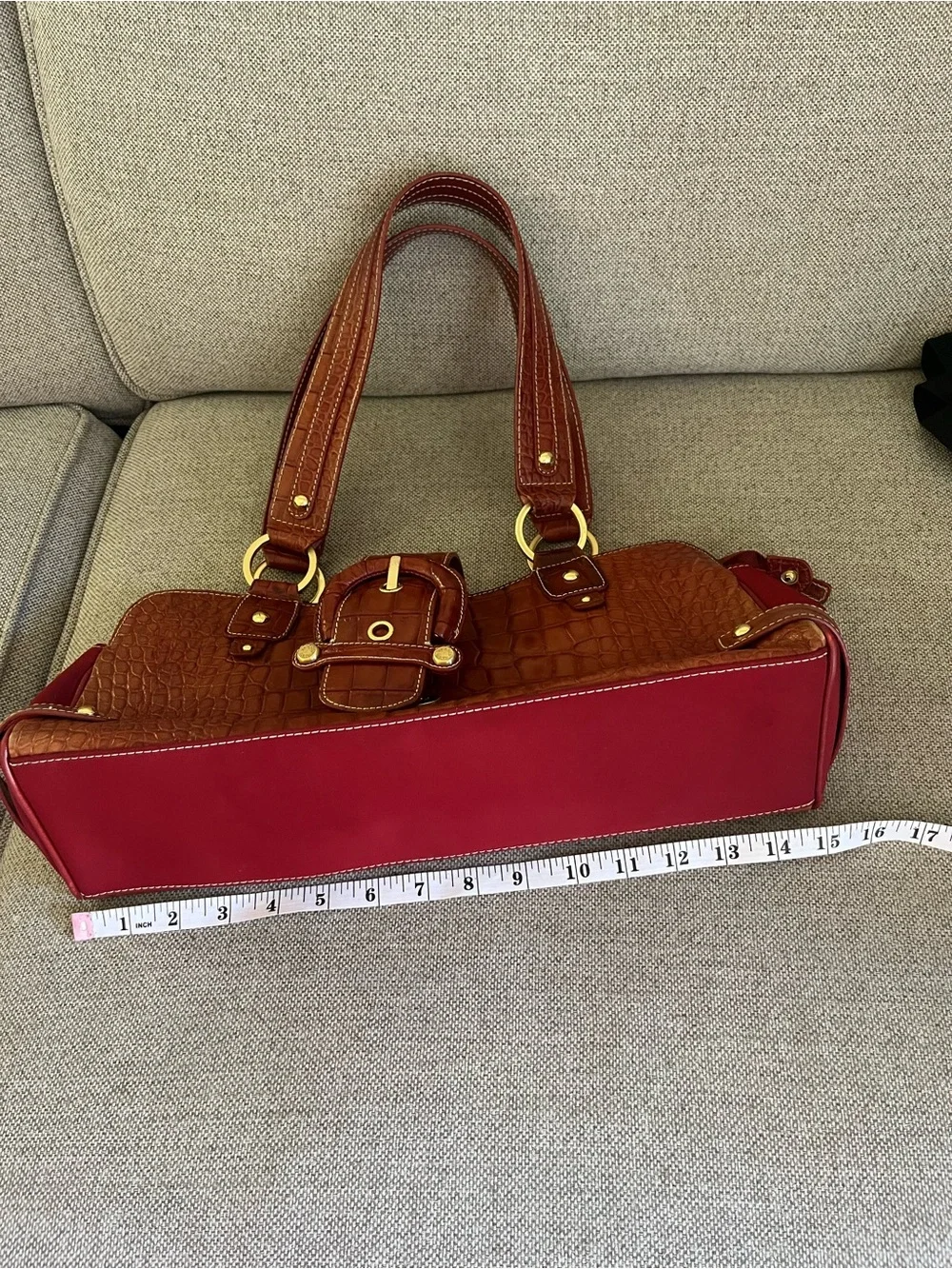 Brown Burgundy Y2K Croc-Embossed Shoulder Bag with Large Buckle - Women Bags